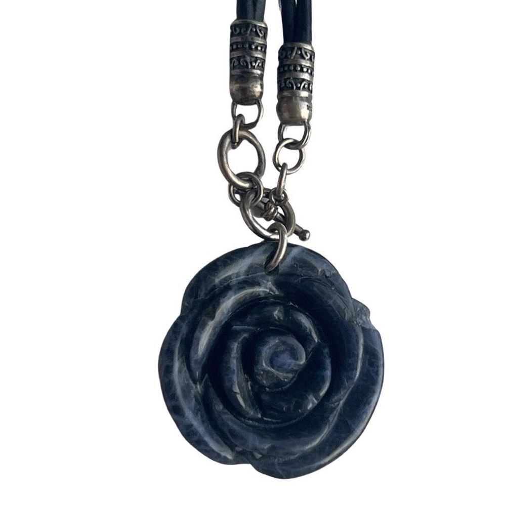 Vintage Carved Blue Lapis Rose Pendant Necklace w/ 925 Toggle & Leather Cord